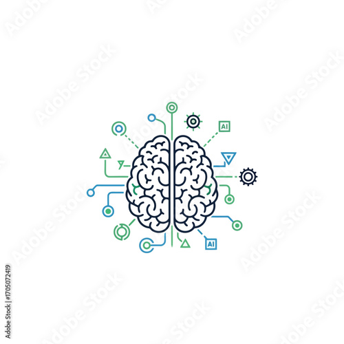 A stylized brain illustration interconnected with various abstract symbols, representing intellect and complex thought processes.