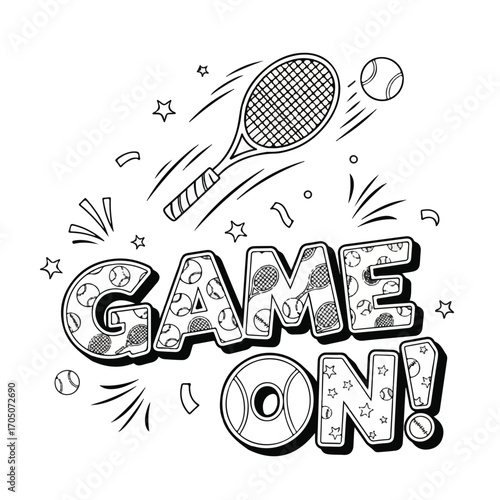 Game On! Tennis-themed coloring page with racket and balls.