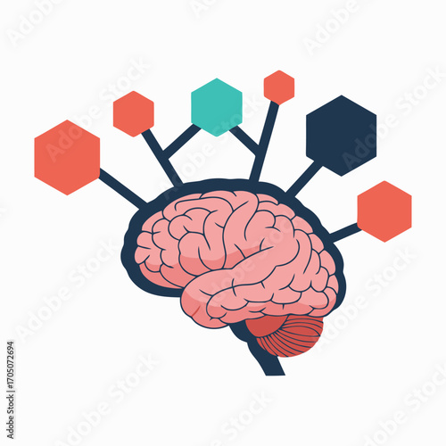 Human brain interconnected with colorful hexagonal nodes, representing cognitive functions and neural networks.