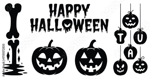 Spooky Halloween Decorations: A set of Halloween themed clip art silhouette, capturing the playful essence of the holiday, perfect for themed designs, event promotion.