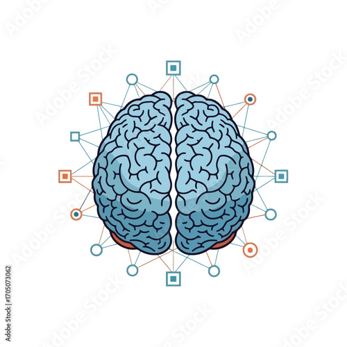 Illustration of a human brain with interconnected nodes, representing cognitive processes and neural networks.