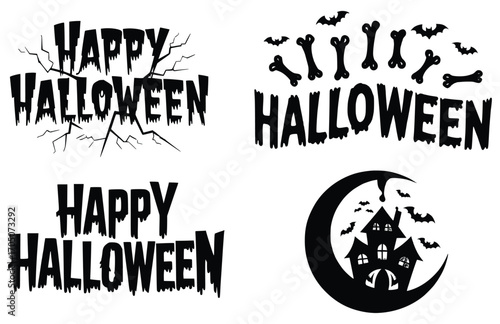 Halloween Designs: Spooky Halloween text designs featuring haunted house, bats, and spooky bones to capture the spirit of the haunting holiday.