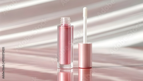 Tinted Lip Oil Mockup in Transparent Plastic Bottle with Subtle Shine – Minimal Blank Cosmetic Packaging Display on Reflective Mirror Surface with Soft Shadows for Modern Elegance