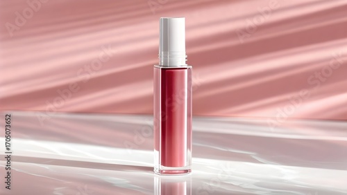 Tinted Lip Oil Mockup in Transparent Plastic Bottle with Subtle Shine – Minimal Blank Cosmetic Packaging Display on Reflective Mirror Surface with Soft Shadows for Modern Elegance