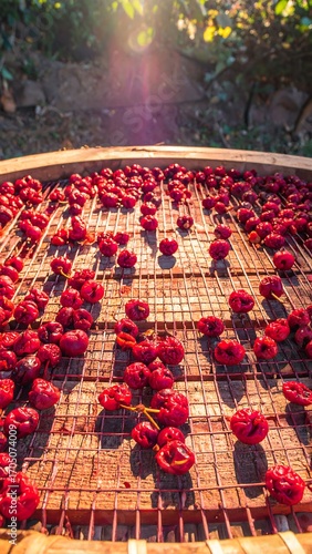 Sun-dried red peppers on a wooden rack