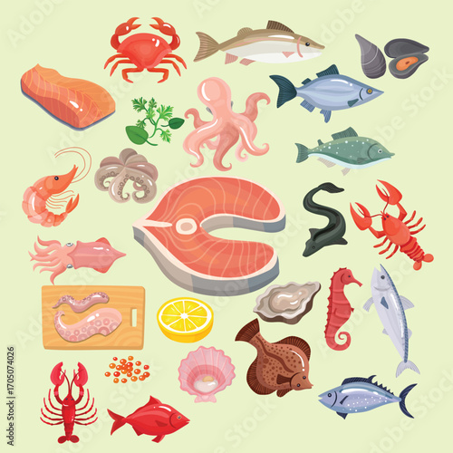 Flat Illustration Seafood Delicacies Arrangement in Cartoon Style Culinary Theme