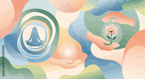 Conceptual illustration of inner peace and personal growth, depicting mindfulness meditation and gentle hands nurturing a blooming flower for wellness