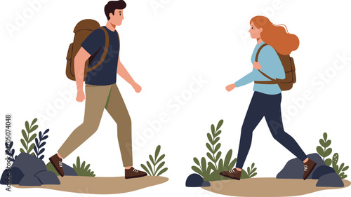 Hiking, trekking, outdoor adventure, backpack travel, nature exploration, walking trail, mountain path, active lifestyle, couple journey, scenic landscape, healthy activity, 