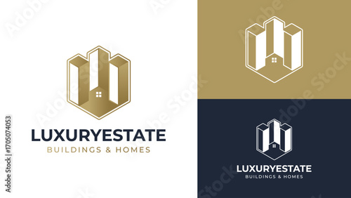 Luxury Real Estate Logo Design – Modern Buildings & Homes Branding. Emblem-type Propoerty Logo Icon with Window in Gold Color Gradient. Construction Symbol.