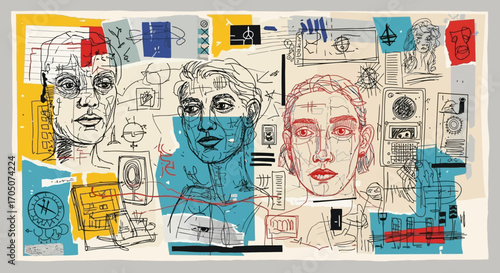 Modern artistic collage concept featuring hand-drawn faces, technical sketches, and abstract graphic design elements