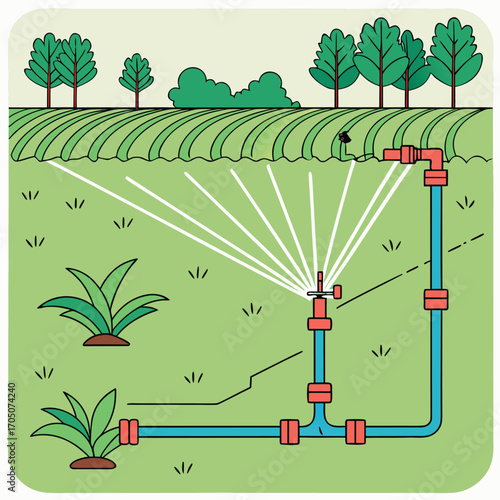 Sprinkler System Irrigation: An illustration of an automatic sprinkler watering plants and agriculture fields