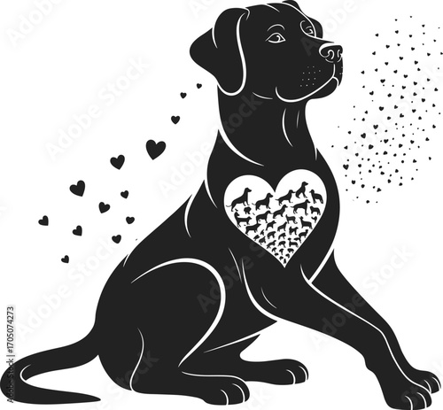 Black dog silhouette, heart shape chest, flying birds, animal love concept, pet art illustration, emotional canine design, creative dog printBlack dog silhouette, heart shape chest, flying 