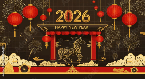 Golden Horse gallops into the 2026 Lunar New Year, a festive celebration banner with traditional red lanterns and fireworks