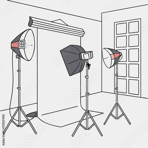 Photographic Studio Setup: A meticulously arranged photography studio setup, showcasing professional lighting equipment including softboxes and stands.