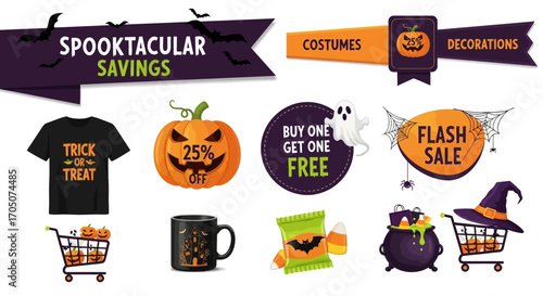 Festive Halloween marketing kit with promotional stickers, sale banners, and holiday shopping icons for advertising discounts and offers