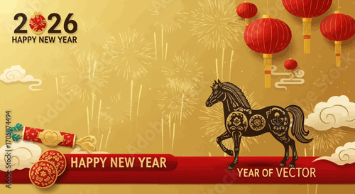 Ornate zodiac horse celebrating the Lunar New Year 2026 with festive red lanterns, firecrackers, and golden fireworks