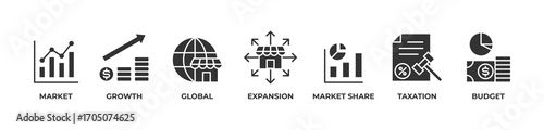 Global Market Strategy Icons set vector illustration glyph with market, growth, global, expansion, market share, taxation, budget