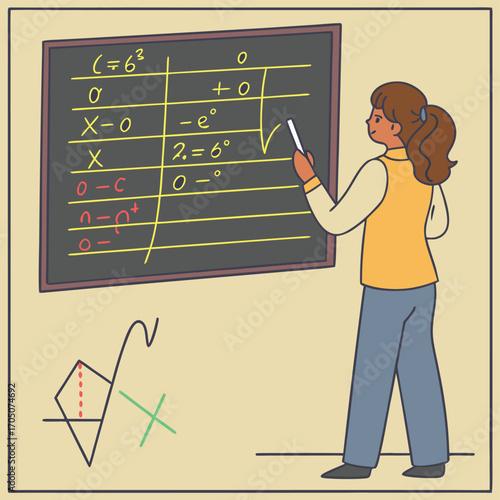 Mastering Equations: A dedicated educator elucidates complex equations on a chalkboard, her passion and expertise radiating through the vibrant details, promoting a world of education