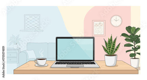 Comfortable home office setup with a laptop and plants on a wooden desk, illustrating a work-life balance concept with a split color background