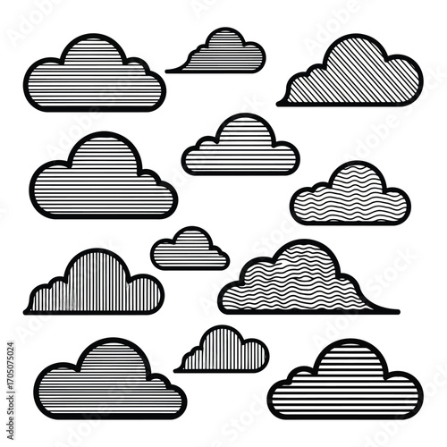 Vector illustration of collection of stylized clouds with line patterns