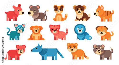 A vibrant collection of stylized cartoon dogs and pets in a flat, geometric vector art style.
