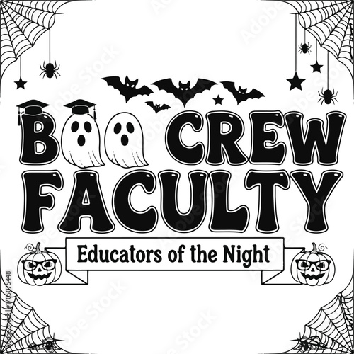 Halloween themed graphic design for a faculty group, featuring ghosts, bats, and a banner.