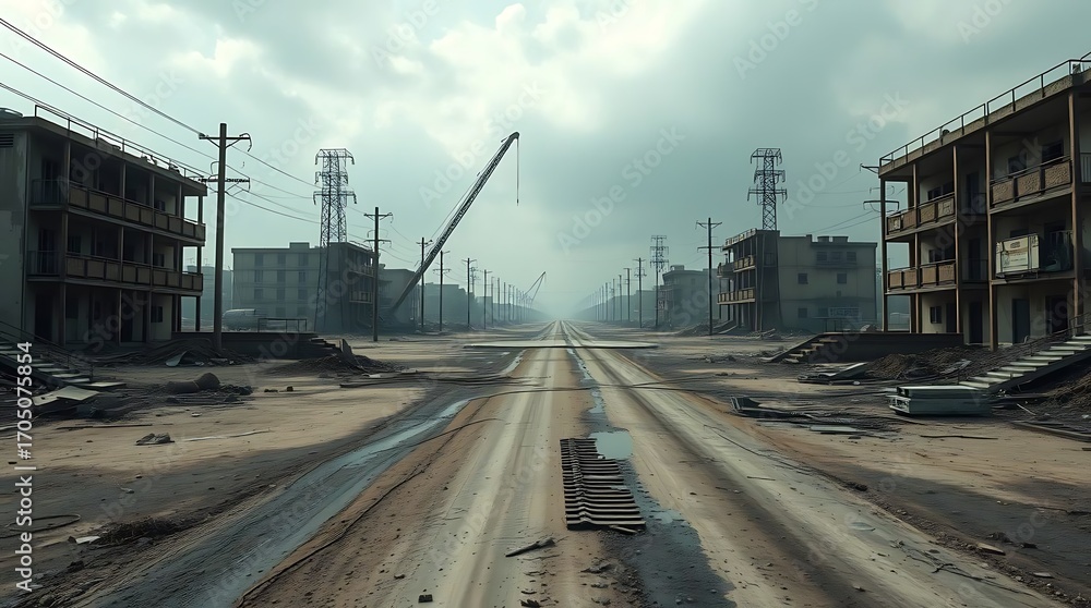 Fototapeta premium A photorealistic, 8k visualization of a desolate, post-apocalyptic scene with no individuals present