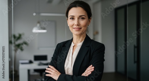 Wallpaper Mural Woman in business attire stands with arms crossed in an office setting. Torontodigital.ca