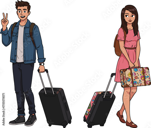 Cartoon travel couple, airport luggage characters, cute tourist illustration, happy vacation concept, smiling travelers with suitcases, colorful travel bags, holiday trip vector, journey adventure art
