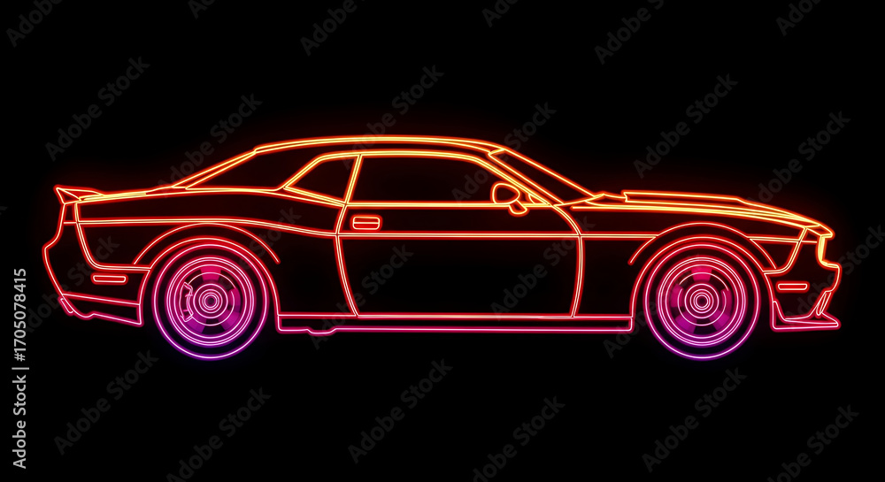 Naklejka premium Glowing neon line muscle car full body colorful neon outline on black
