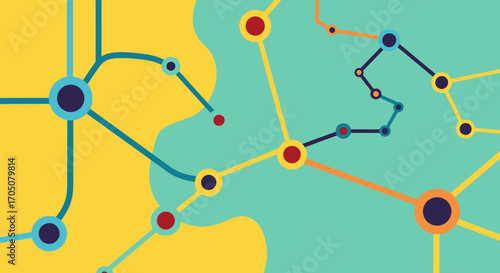 Abstract network illustration with colorful interconnected nodes and lines on a vibrant yellow and teal background.