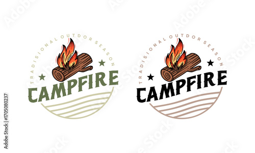 Campfire Logo designs with hand drawn style, sport camping, campfire, emblem camping, hobby. Vintage camping sign with a fire