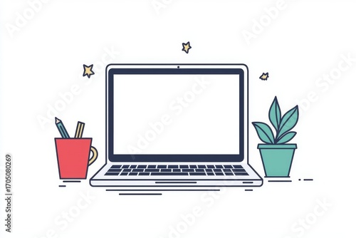 Simple laptop outline vector illustration with black lines, blank screen, flat design, and no color, ideal for web banners or presentations.