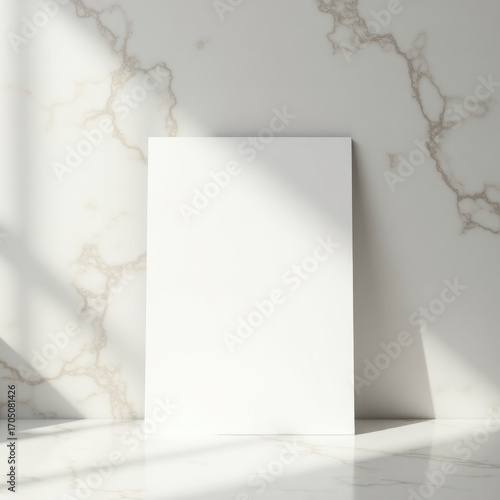 Blank white canvas leaning against marble wall with sunlight casting shadows in a bright studio space invitation card mockup