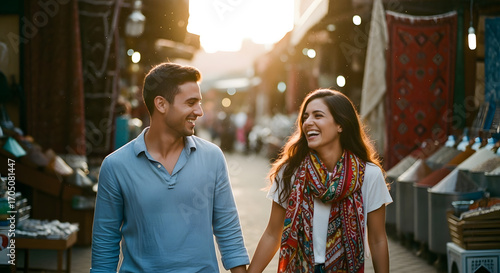 A happy young couple holding hands and smiling while exploring a vibrant, sunlit traditional market on their travels