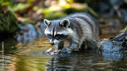 A raccoon washing food in a small stream, close-up, water reflections, natural forest setting