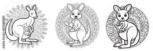 Kangaroo with Baby in Pouch Vector Illustration Set, Cute Australian Animal Mandala Coloring Page, Wildlife Outline Drawing, Mother and Baby Kangaroo Clipart for Kids, Zoo, Nature, and Australia Theme