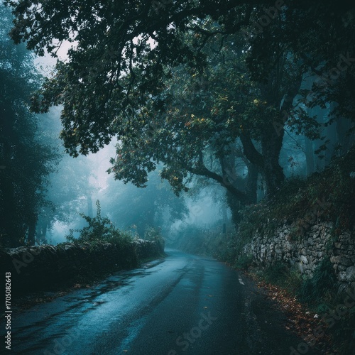 Misty, winding road through a dark forest
