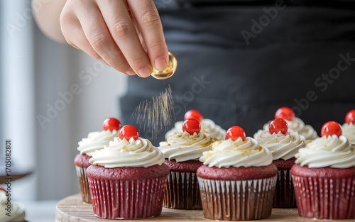 A baker's hand sprinkling gold dust on red velvet cupcakes with cream cheese frosting and a cherry on top.