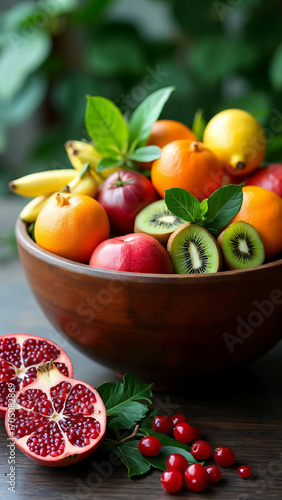 A vibrant wooden bowl overflows with a colorful medley of fresh fruit, presenting a tempting display of natural sweetness and health benefits.