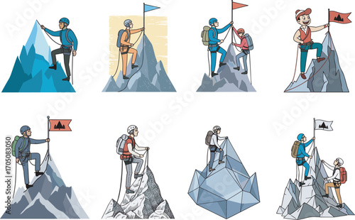 Mountain climbers, summit celebration, cartoon characters, flag planting, adventure gear, peak achievement, vector illustration, outdoor challenge, success concept, venture climbers, summit 