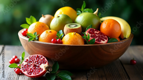 A vibrant display of fresh fruits in a wooden bowl on a weathered wooden table, a healthy still life for a tropical vacation, fresh fruit is a very nice collection.