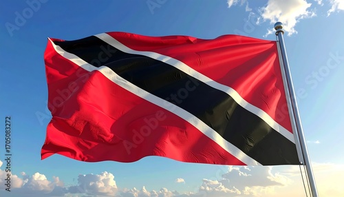 Vibrant flag of Trinidad and Tobago waving proudly against a clear blue sky.