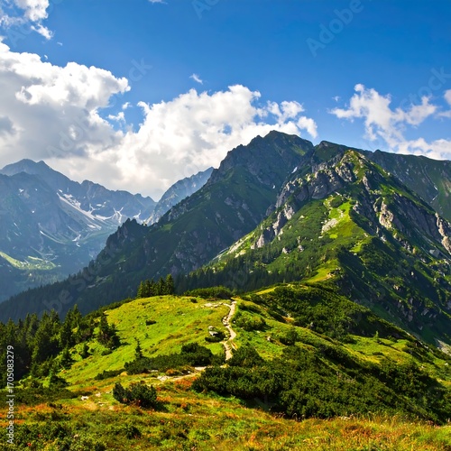 Mountainous landscape, sunny day