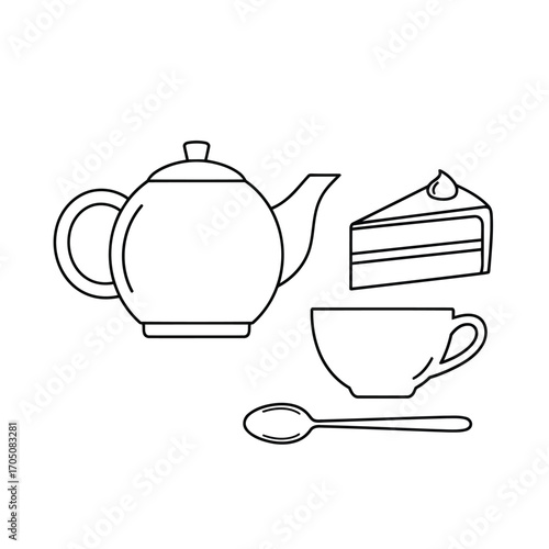 Vector illustration of teapot, teacup, cake slice, and spoon
