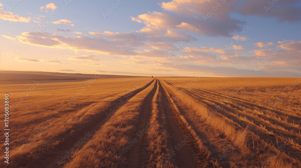 Fototapeta premium Country road stretching through dry fields at sunset