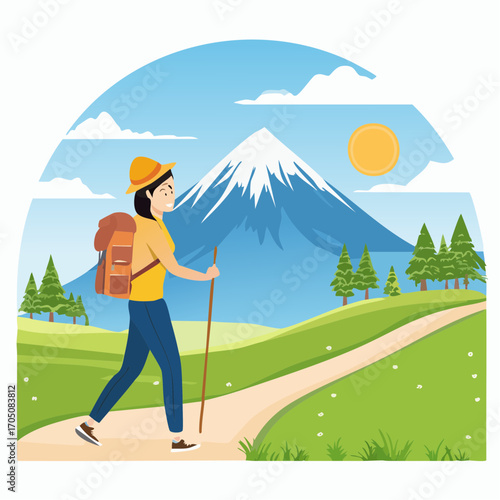 Illustration of a woman hiking with a backpack and walking stick on a scenic trail towards a majestic mountain under a sunny sky