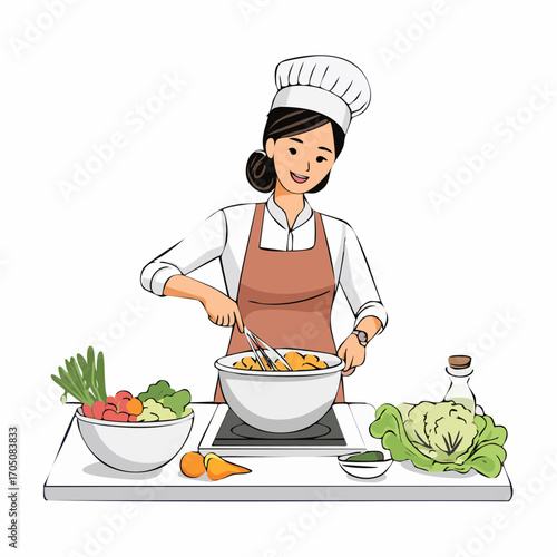 A cheerful woman in a chef's hat and apron prepares a meal in a kitchen, surrounded by fresh vegetables like carrots, lettuce, and beets
