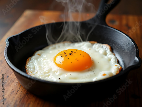 A mouthwatering close-up of a perfectly cooked fried egg in a rustic cast iron skillet, showcasing the golden yolk and fluffy whites, creating a visual feast for food enthusiasts.
