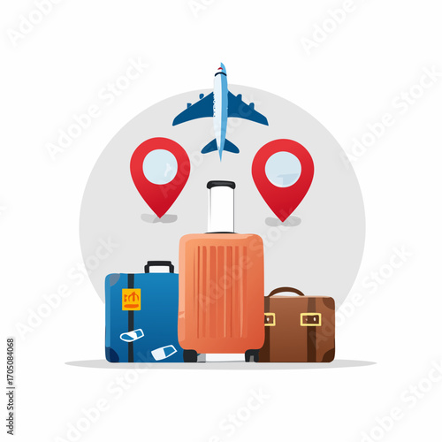 Flat style vector illustration representing a global travel journey concept with baggage, an airplane, and location pins